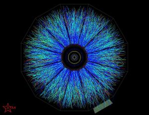 Thousands of particles explode from the collision point of two relativistic (100 GeV per nucleon) gold ions in the STAR detector of the Relativistic Heavy Ion Collider; an experiment done in order to investigate the properties of a quark gluon plasma such as the one thought to exist in the ultrahot first few microseconds after the big bang.