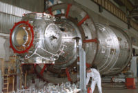 Zvezda Service Module under construction. Sister to the Mir Core and originally to be the core of Mir 2