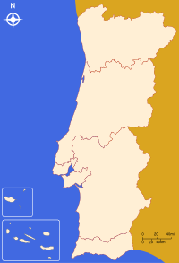 Map of Mainland Portugal and the two autonomous regions of Portugal.