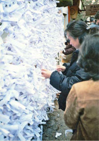 Tying her omikuji (fortune) at Kasuga Shrine