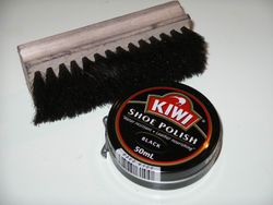 Shoe polish with a shoe brush.