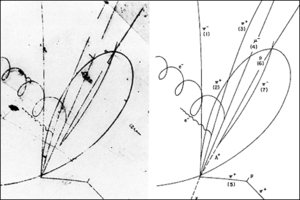 1974 discovery photograph of a possible charmed baryon, now identified as the Σc++