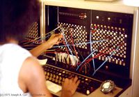 A telephone operator manually connecting calls with patch cables at a telephone switchboard.  Computers make most connections now.