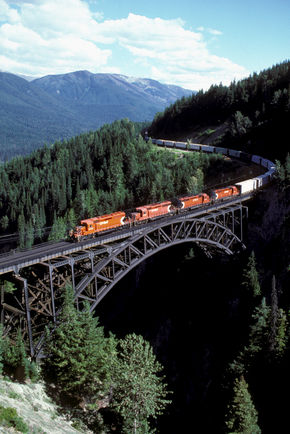 An eastbound CPR freight at Stoney Creek Bridge in Rogers Pass.  Photo by David R. Spencer