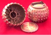 replaceable IBM typeballs with clip, 2 Euro coin to compare