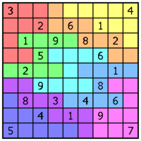 A nonomino Sudoku puzzle, sometimes also known as a Jigsaw Sudoku, for instance in the Sunday Telegraph