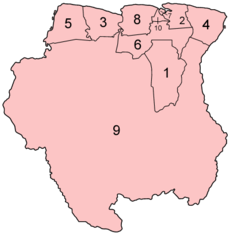 Map of the districts of Suriname in alphabetical order