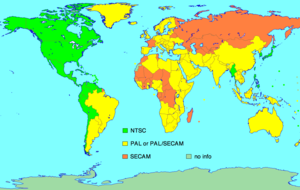 Analog video standard: bright green - NTSC, yellow - PAL, or switching to PAL, orange - SECAM, olive - no information