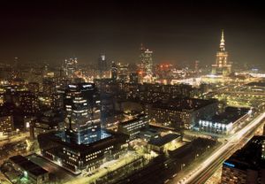 Warsaw at night.  The Palace of Culture and Science, the city's tallest building and the 4th tallest in the European Union is visible on the right.