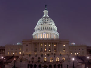 The U.S. Capitol, seat of the Legislative Branch of the U.S. Federal Government, sits prominently east of the National Mall in Washington, D.C.