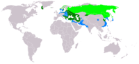 Light Green: nesting areaBlue: wintering areaDark Green: all-year