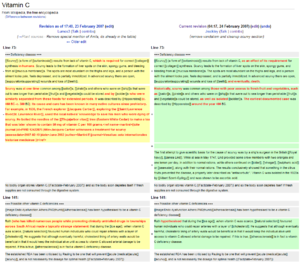 Editors keep track of changes to articles by checking the difference between two revisions of a page, displayed here in red.