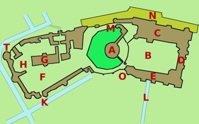 Plan of Windsor Castle. Throughout this article the letters marked in red on this plan will be used to reference locations discussed.