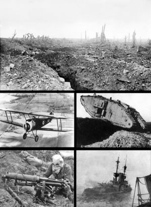 Warfare in the early 20th Century (1914-1918)Clockwise from top: front line Trenches,  a British Mark I Tank crossing a trench, the Royal Navy battleship HMS Irresistible sinking after striking a mine at the battle of the Dardanelles,  a Vickers machine gun crew with gas masks  and a Sopwith Camel biplane.