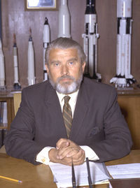 Still with his rocket models, von Braun is pictured in his new office at NASA headquarters in 1970.