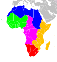 Regions of Africa: ██ Northern Africa ██ Western Africa ██ Middle Africa ██ Eastern Africa ██ Southern Africa