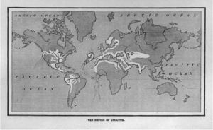 A map showing a supposed location of Atlantis. From Ignatius Donnelly's Atlantis: the Antediluvian World, 1882.