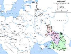 Operation Blau: German advances from 7 May 1942 to 18 November 1942 ██ to 7 July 1942 ██ to 22 July 1942 ██ to 1 August 1942 ██ to 18 November 1942