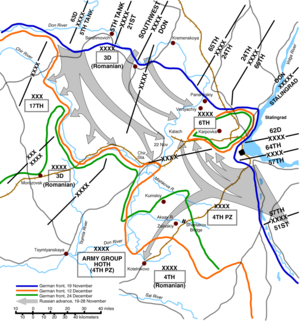 The Soviet counter-attack at Stalingrad  German front, 19 November  German front, 12 December  German front, 24 December ██ Russian advance, 19-28 November 