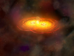 An artist depiction of two black holes merging.