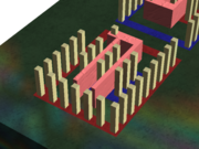 Two MOS transistors with common gate (metallic layers and dielectric removed for clarity).