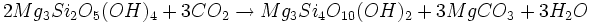 2Mg_3Si_2O_5(OH)_4 + 3CO_2 \rarr Mg_3Si_4O_{10}(OH)_2 + 3MgCO_3 + 3H_2O