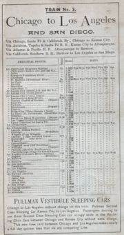 Santa Fe timetable from 1889 showing passenger train schedules between Chicago, Los Angeles and San Diego, using California Southern tracks from Barstow to Los Angeles and San Diego.