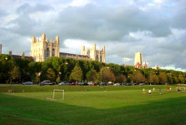 View of the University of Chicago from the Midway Plaisance, a long stretch of parkland that bisects the campus.