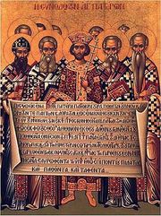 Icon depicting the Holy Fathers of the First Council of Nicaea holding the Nicene Creed.