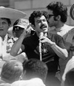 Rodolfo Gonzales rallies Denverites outside the state capital building.