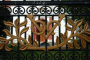 The VOC (Verenigde Oostindische Compagnie) logo of Dutch East India Company on the gates of Wolvendhal church