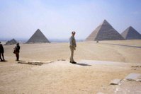 The Giza pyramid field, viewed from the south-west. Dominating the picture from foreground to background are the Pyramids of Menkaure, Khafre and Khufu.