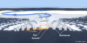 A cross section diagram of a mature tropical cyclone, with arrows indicating air flow in and around the eye.