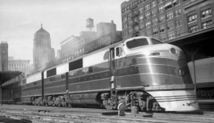 B&O EA Number 55 heads the Capitol Limited at Grand Central Station, August 1939.  Grand Central's bell tower can be seen at the extreme left side of this photograph.