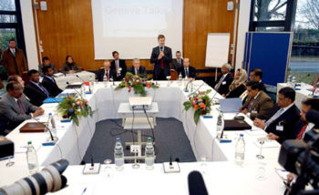 Norwegian special envoy Erik Solheim addresses peace talks between the Sri Lankan Government and the LTTE at Chatueau de Bossey in Switzerland