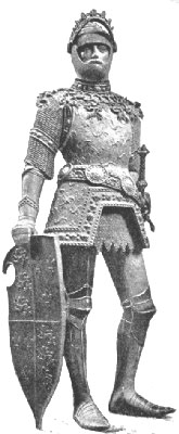 A bronze Arthur in plate armour with visor raised and with jousting shield wearing Kastenbrust armour (early 15c) by Peter Vischer. 