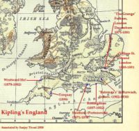 Kipling's England: map of England with locations and years of Kipling's stays.  Click to enlarge.