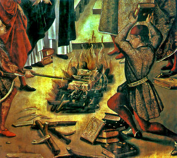 Detail from a painting by Pedro Berrugueteon the life of Santo Domingo de Guzmán depicting Dominican friars burning heretical books. 