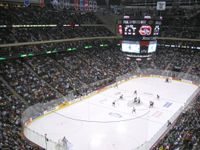 A faceoff between the University of North Dakota Fighting Sioux and the Saint Cloud State University Huskies during the 2006 WCHA Final Five at the Xcel Energy Center