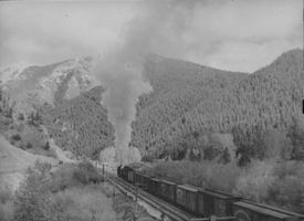 A Northern Pacific train travels over Bozeman Pass, June 1939.