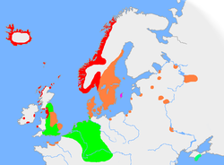  The approximate extent of Old Norse and related languages in the early 10th century: ██  Old West Norse dialect  ██  Old East Norse dialect  ██  Old Gutnish dialect  ██  Crimean Gothic  ██  Other Germanic languages with which Old Norse still retained some mutual intelligibility  