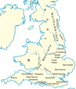 A map showing the general locations of the Anglo-Saxon peoples around the year 600