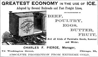 An advertisement taken from the 1st edition (1879) of the Car-Builders Dictionary for the Tiffany Refrigerator Car Company, a pioneer in the design of refrigerated railroad cars.