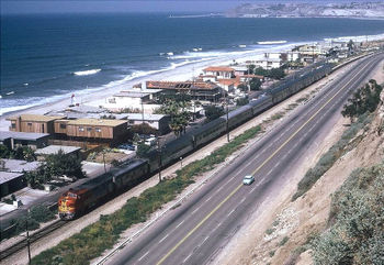 The southbound San Diegan passes through San Clemente, California in April, 1973.