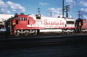 Santa Fe #358, a GE U28CG, along with its companion unit #353, makes a rare appearance at the head of the northbound San Diegan in 1968.