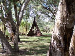 Sculpture erected in 1982 to commemorate the 1979 Jamboree at Perry Lakes Western Australia and 75 years of Scouts