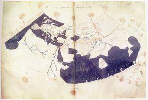 Ptolemy's world map, reconstituted from Ptolemy's Geographia (circa 150), indicating "Sinae" (China) at the extreme right, beyond the island of "Taprobane" (Sri Lanka, oversized) and the "Aurea Chersonesus" (Southeast Asian peninsula).