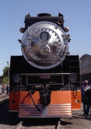 A view of 4449's pilot and smokebox while on display at Railfair '91.