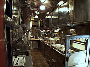 The cramped, yet efficient galley aboard former Santa Fe dining car #1474, the Cochiti. The car (now restored to its mid-1940s condition) made its debut as a part of the Super Chief-2's inaugural consist.