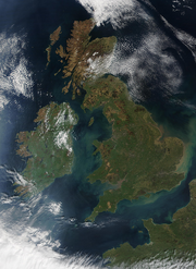 Satellite Image of the British Isles (excluding the Shetland Islands) and part of northern Continental Europe.